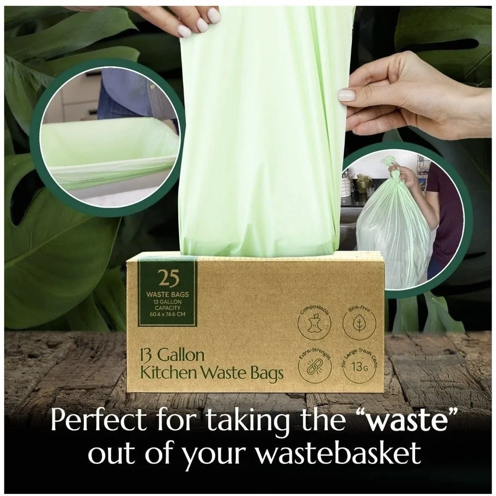 Cleanomic Compostable* Trash Bags (13 Gallon, 25 Units, Tall), B Extra Strength